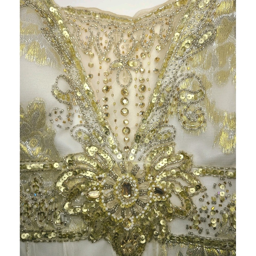 Sue Wong Nocturne Silk Gold Foil Embellished Cocktail Dress Sz 12 Beaded Prom - Picture 8 of 11